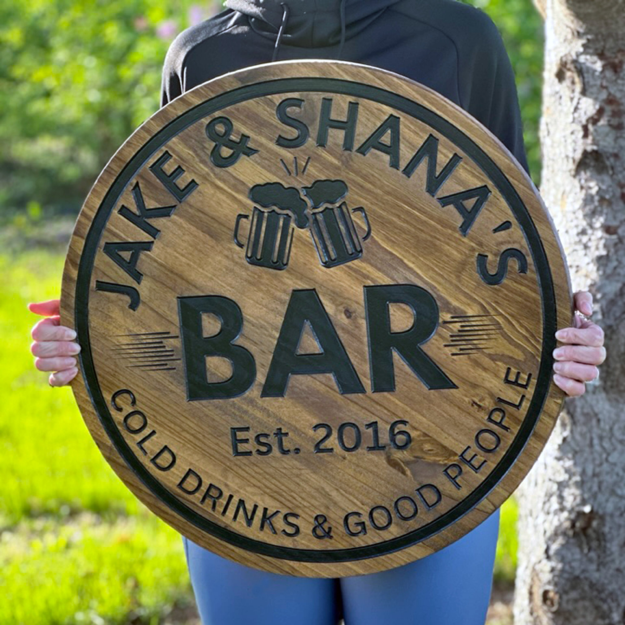 Custom Round Wood Bar Sign with Personalized Carving