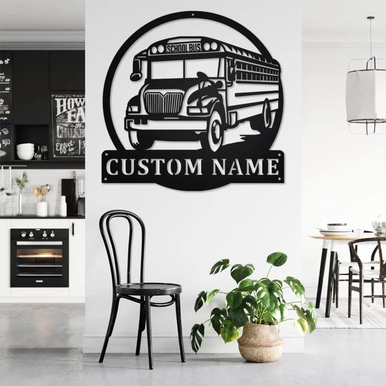 Custom School Bus Metal Wall Art, Personalized Bus Driver Name Sign Decoration For Room