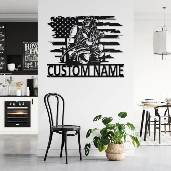Personalized US Fire Fighter Metal Wall Art Custom Fireman Name Sign Gift for Dad