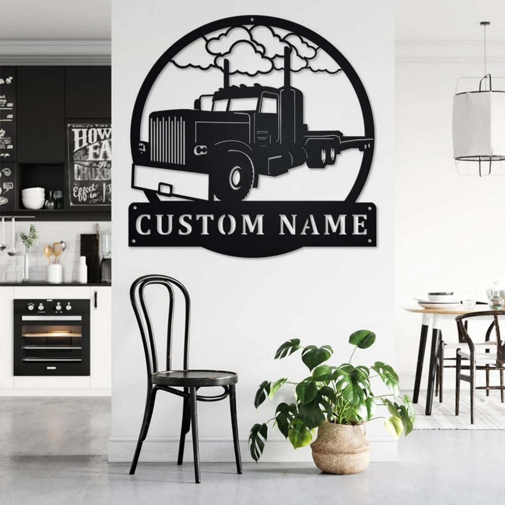 Personalized Flatbed Semi Truck Metal Name Sign Home Decor Gift for Truck Drivers