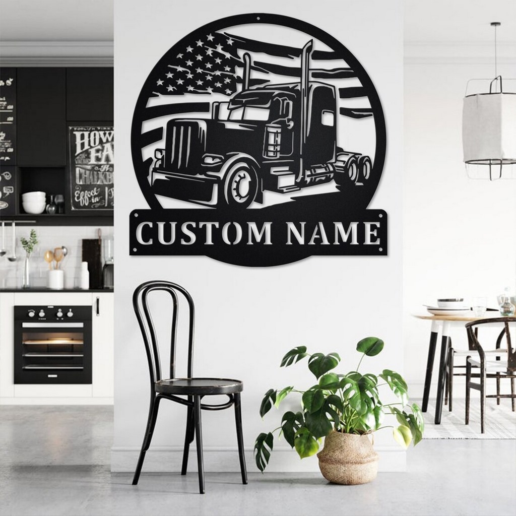 Personalized US Flag Semi-Trailer Truck Metal Name Sign Home Decor Gift for Truck Drivers