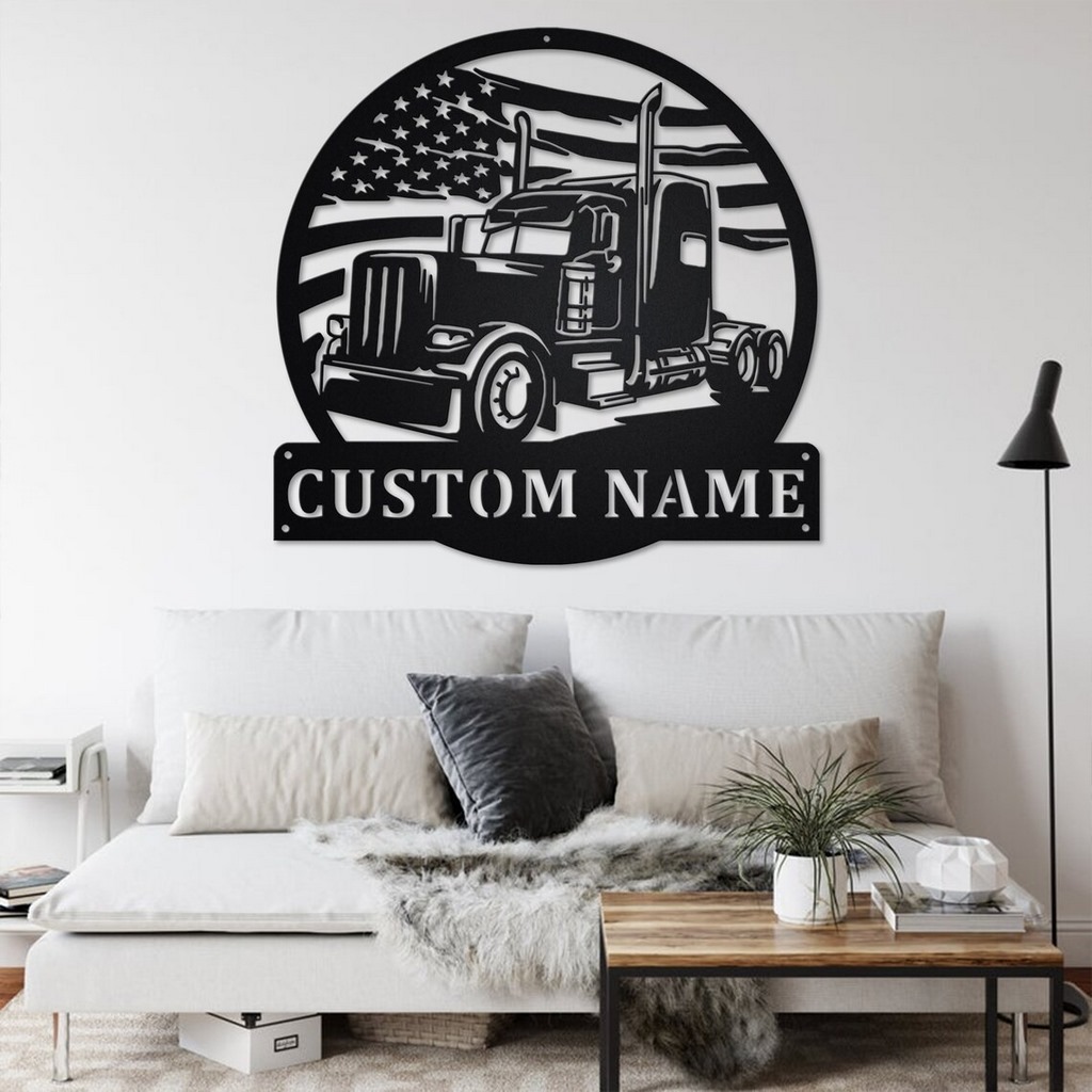 Personalized US Flag Semi-Trailer Truck Metal Name Sign Home Decor Gift for Truck Drivers