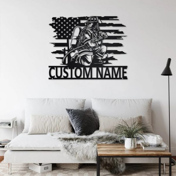 Personalized US Fire Fighter Metal Wall Art Custom Fireman Name Sign Gift for Dad