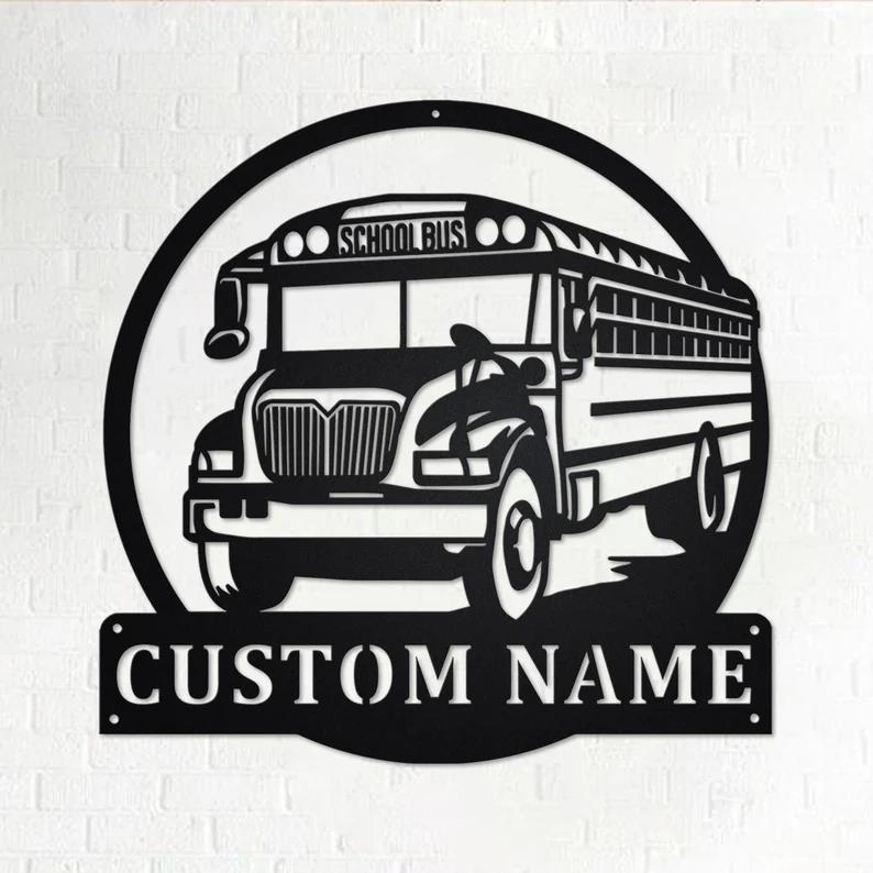 Custom School Bus Metal Wall Art, Personalized Bus Driver Name Sign Decoration For Room