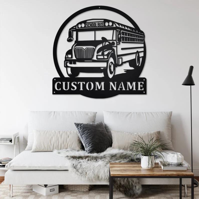 Custom School Bus Metal Wall Art, Personalized Bus Driver Name Sign Decoration For Room
