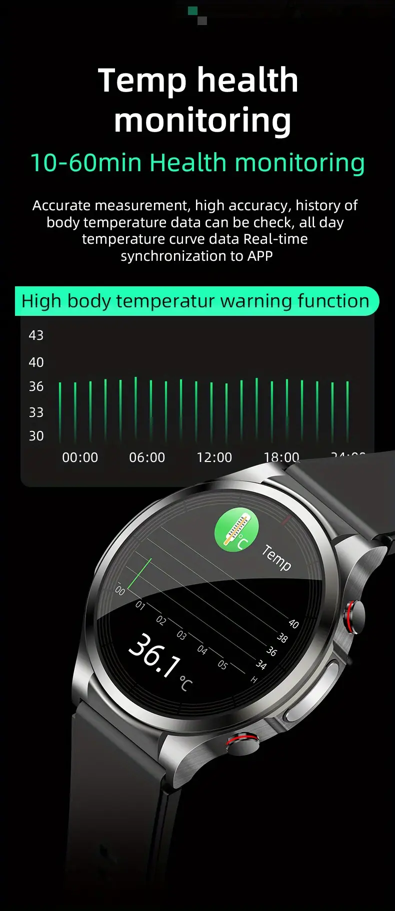 non invasive blood glucose ecg blood pressure heart rate body temperature sports smart watch details 11