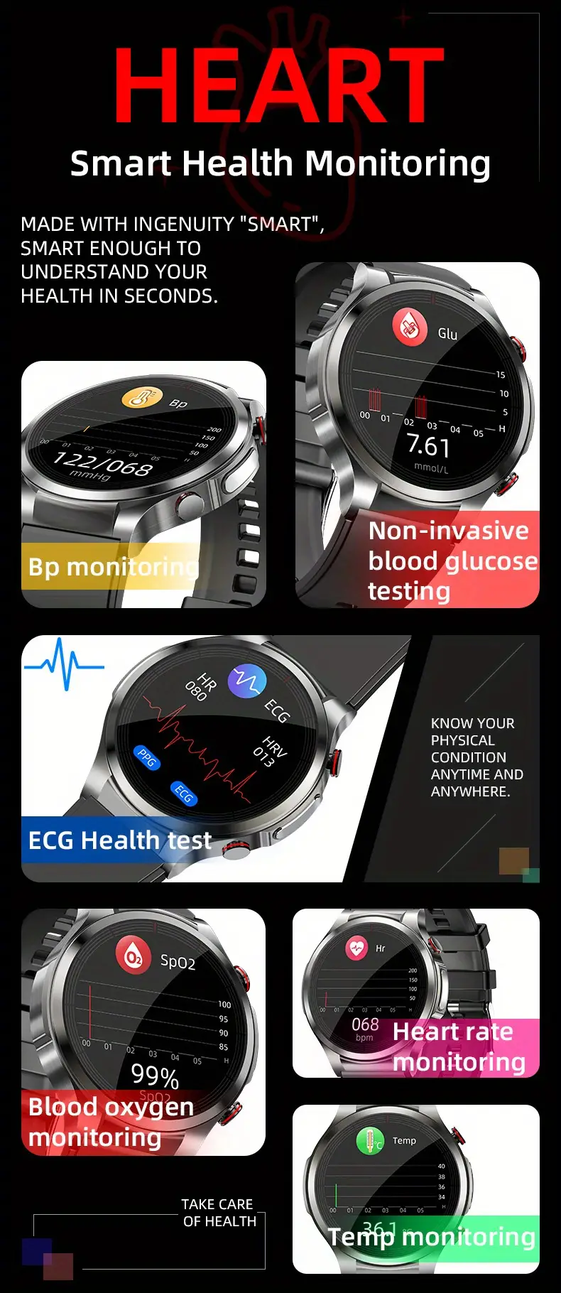 non invasive blood glucose ecg blood pressure heart rate body temperature sports smart watch details 1