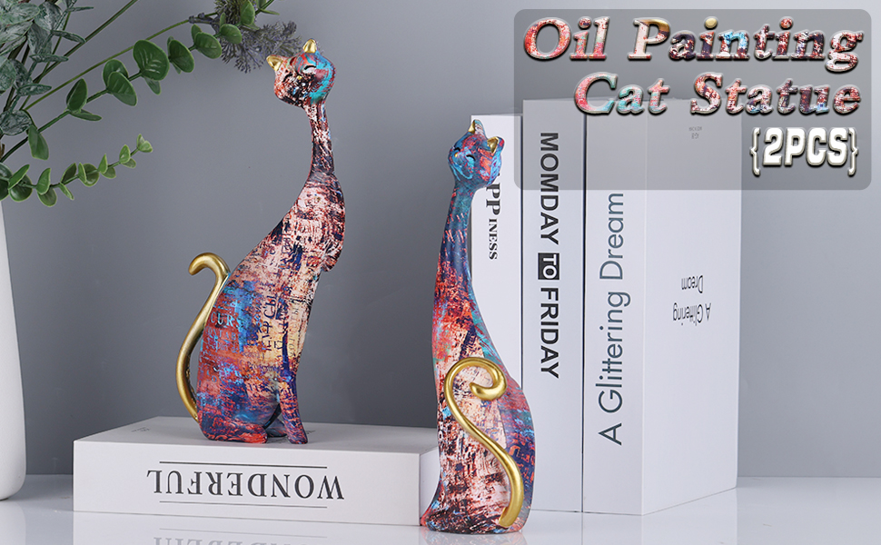 2pcs oil painting cat statue