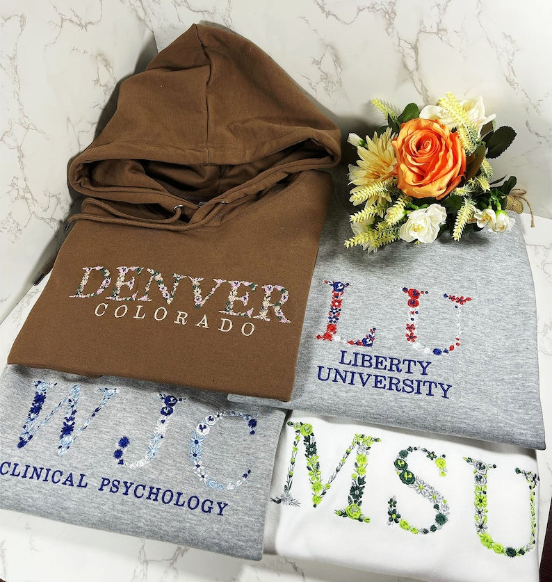 CUSTOMIZABLE Floral University Embroidered Crewneck/Hoodie