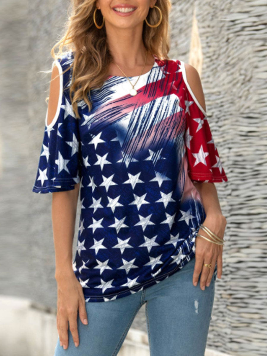 America Flag Print Off-shouder T-shirt