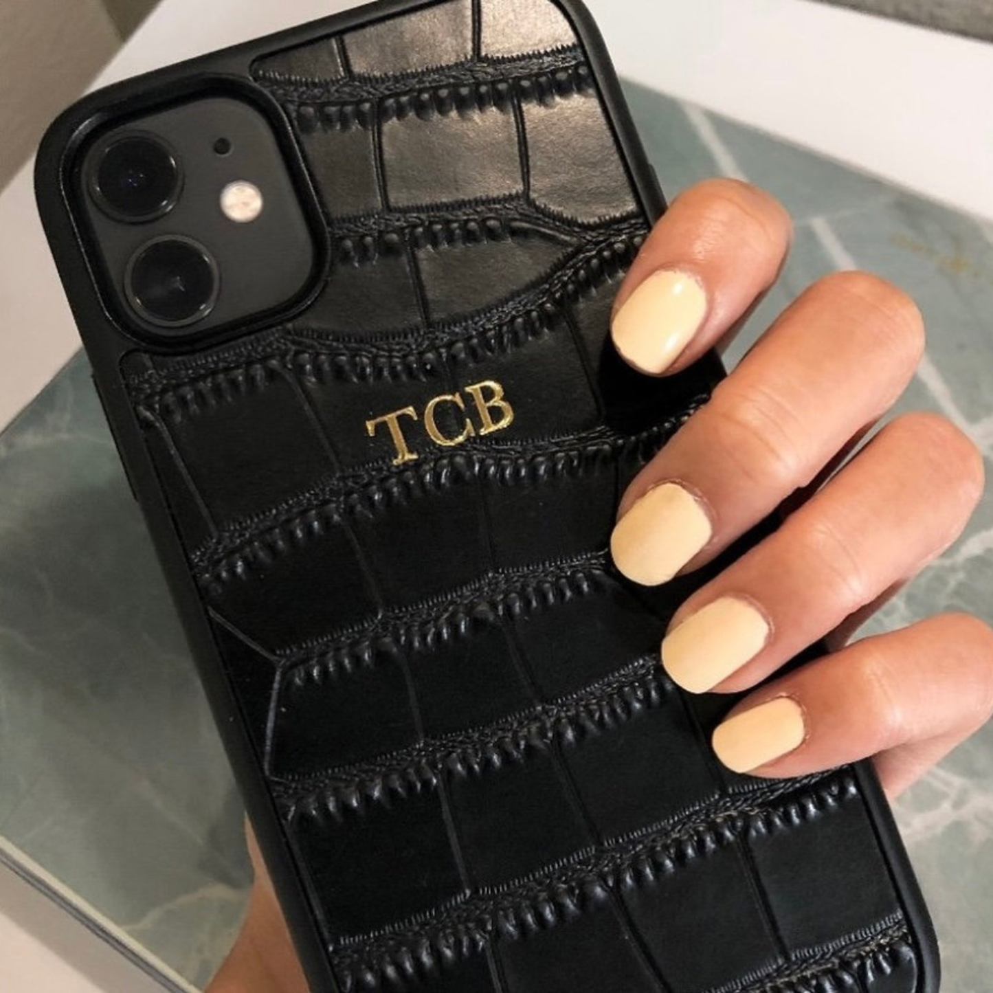 Personalized Black Croc Leather Phone Case | OFCase85
