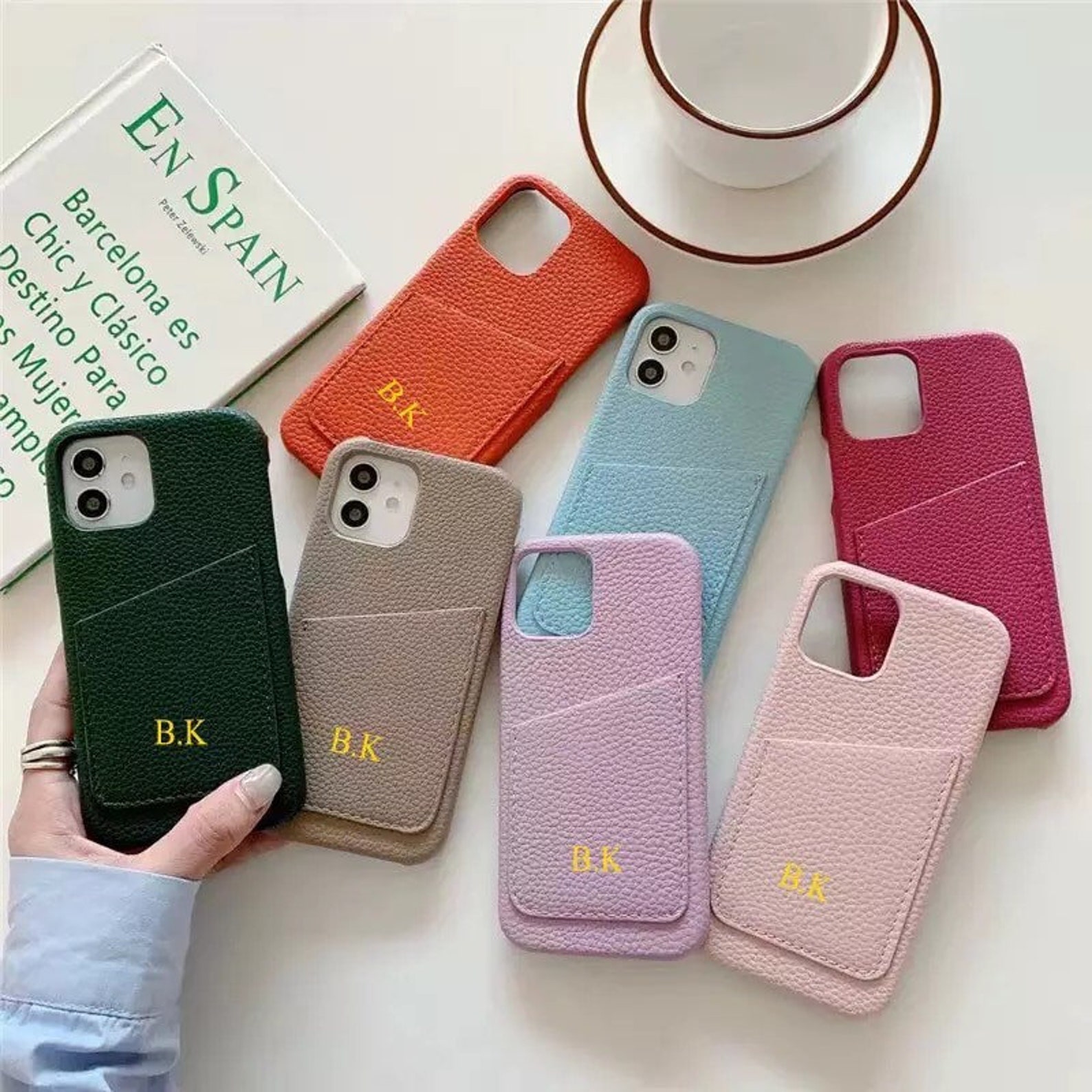 Personalised Monogram Initials Luxury Leather Phone Case with Card Pocket | OFCase088
