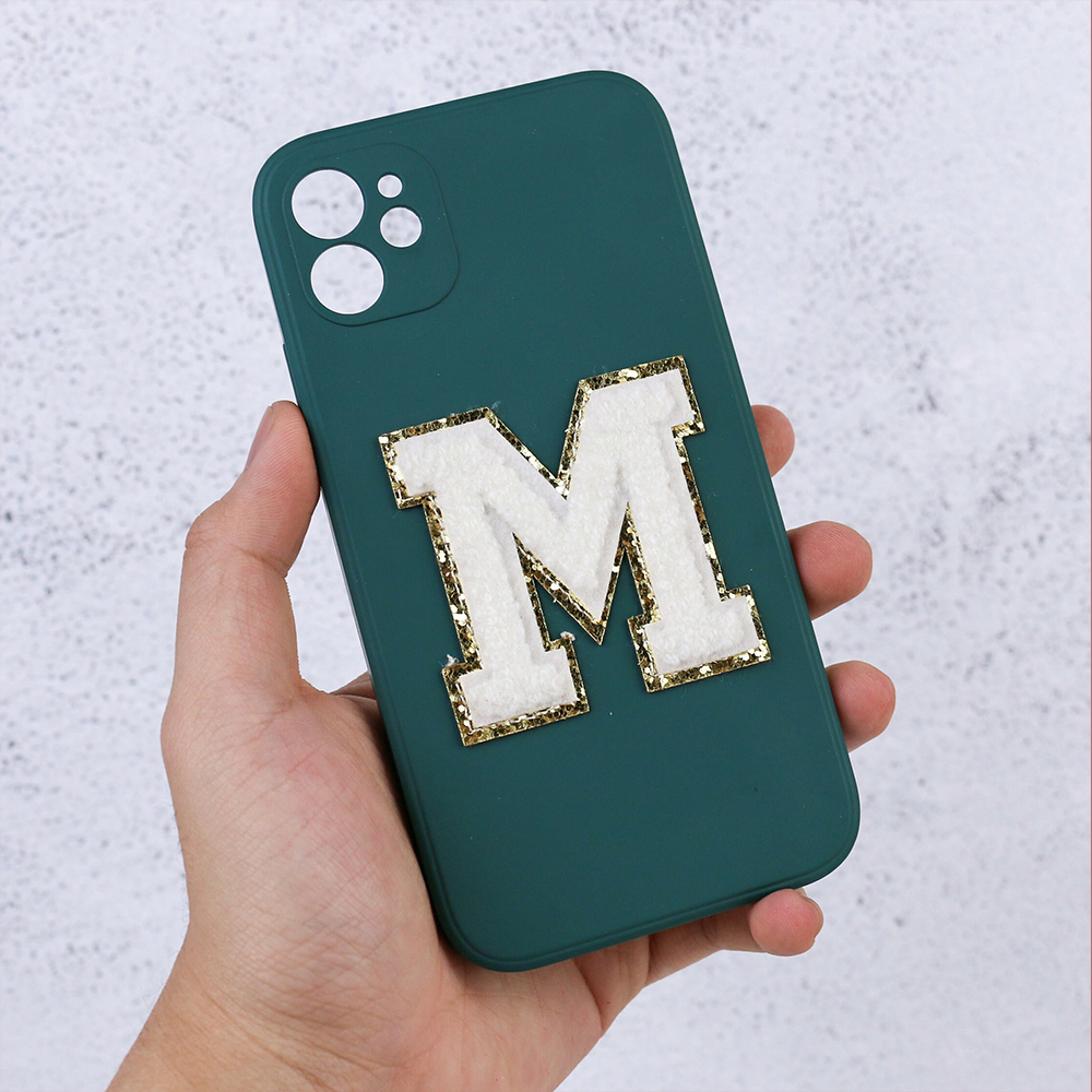 Personalised Phone Cover Case with Chenille Glitter Varsity Initial Patch | OLS001