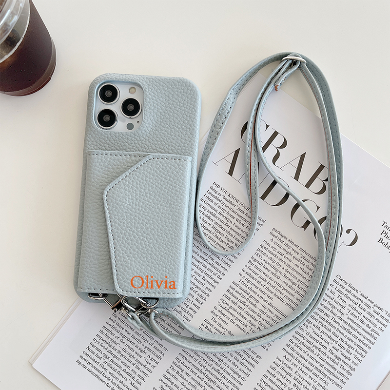Personalized Leather Phone Case with Card slot and Long Strap | OFCase043