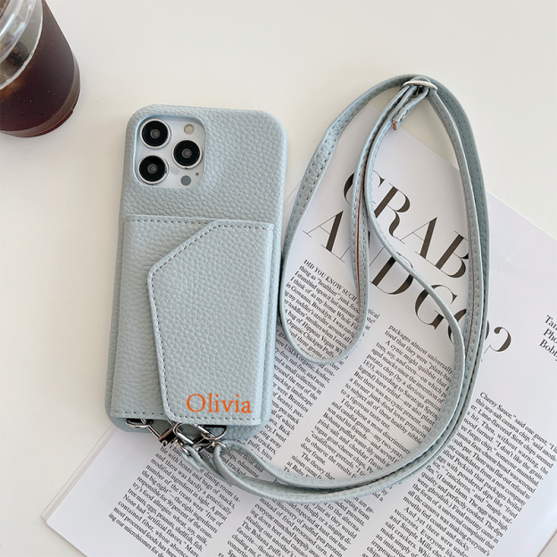 Personalized Leather Phone Case with Card slot and Long Strap | OFCase043