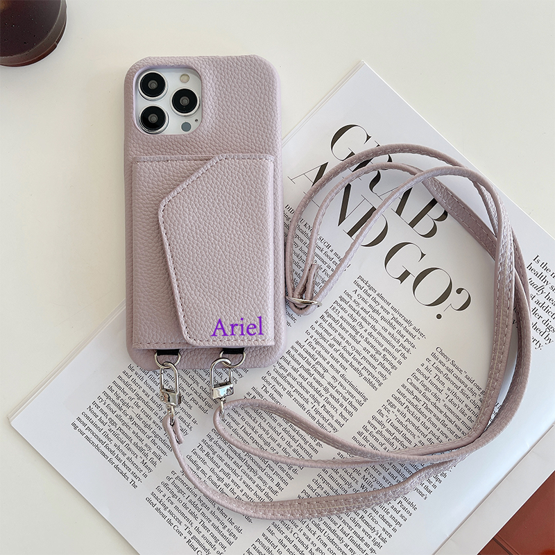 Personalized Leather Phone Case with Card slot and Long Strap | OFCase043