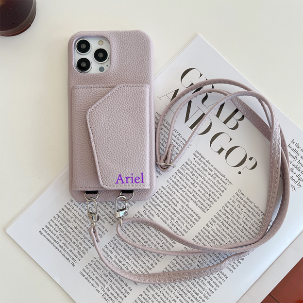 Personalized Leather Phone Case with Card slot and Long Strap | OFCase043