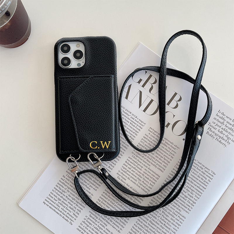 Personalized Leather Phone Case with Card slot and Long Strap | OFCase043