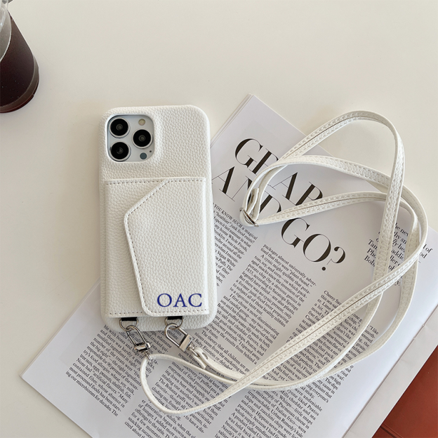 Personalized Leather Phone Case with Card slot and Long Strap | OFCase043