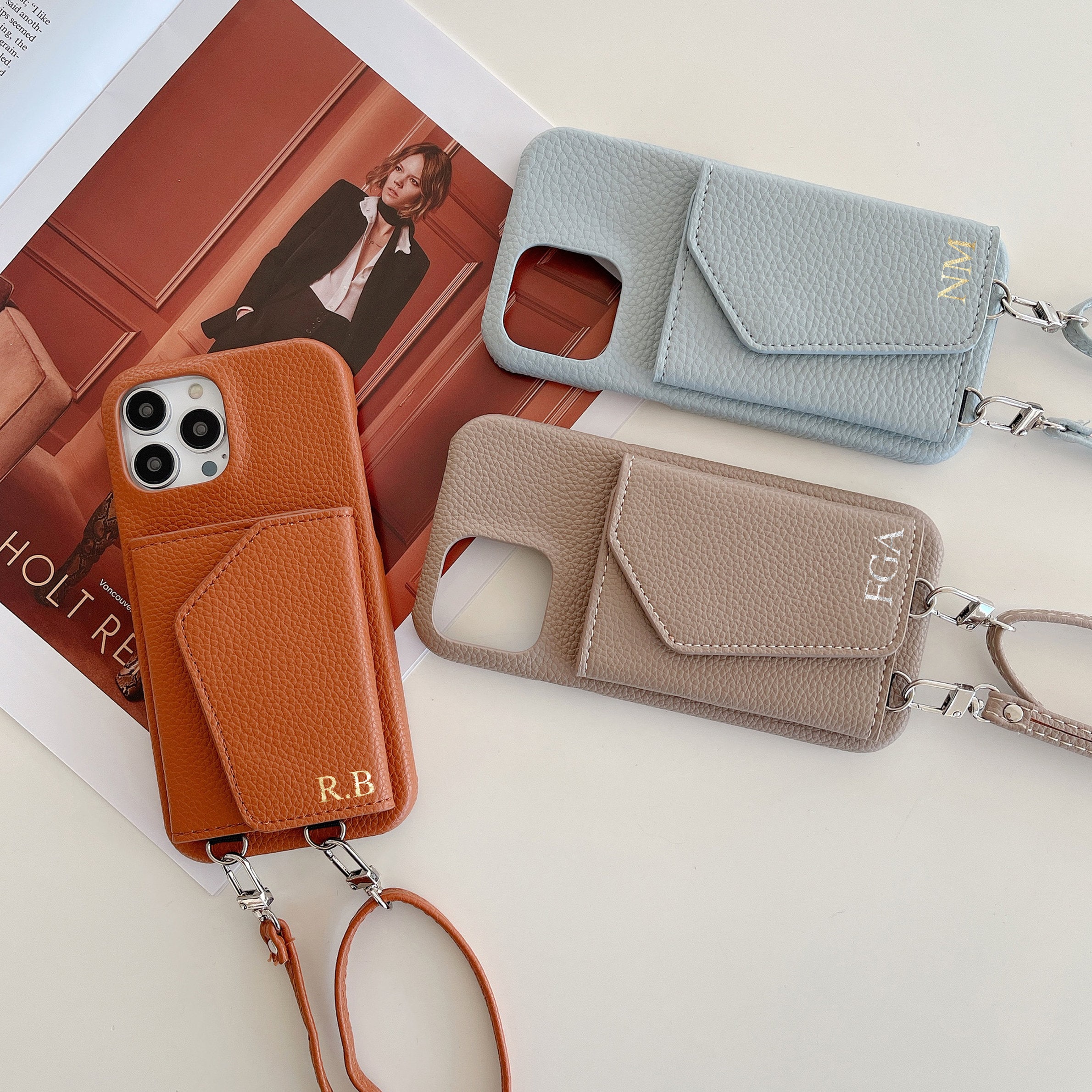 Personalized Leather Phone Case with Card slot and Long Strap | OFCase043