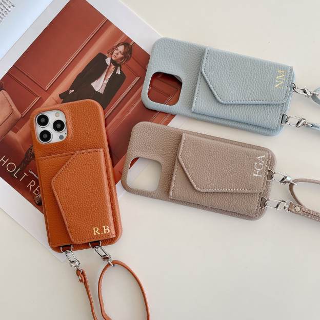 Personalized Leather Phone Case with Card slot and Long Strap | OFCase043
