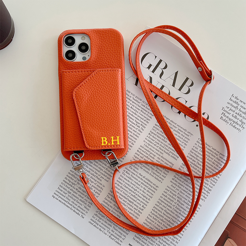 Personalized Leather Phone Case with Card slot and Long Strap | OFCase043