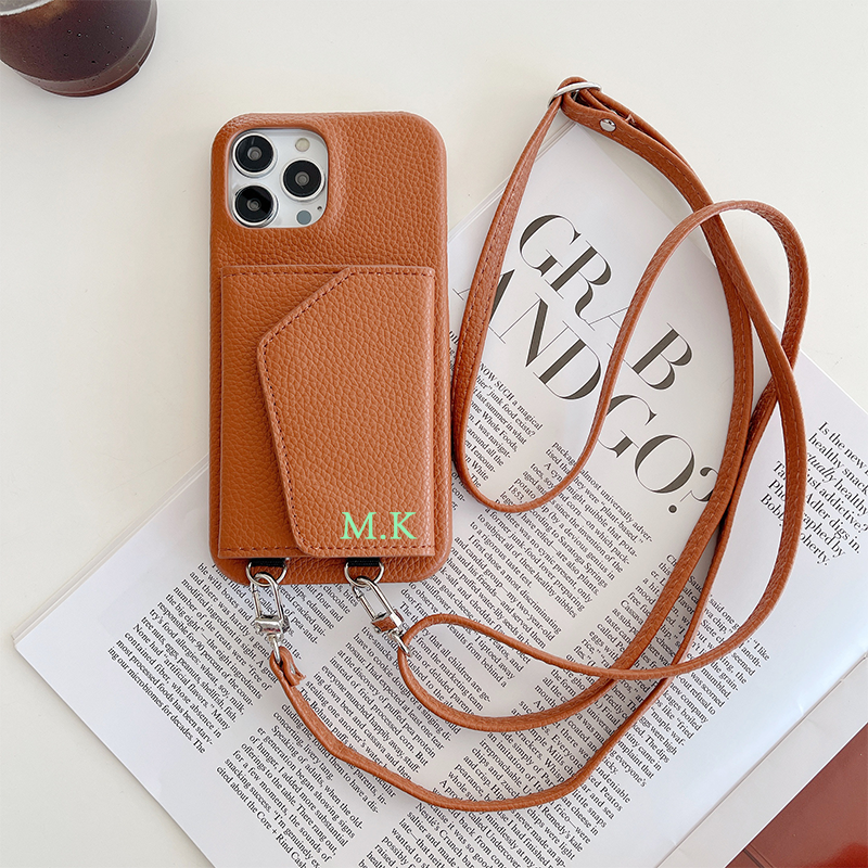 Personalized Leather Phone Case with Card slot and Long Strap | OFCase043