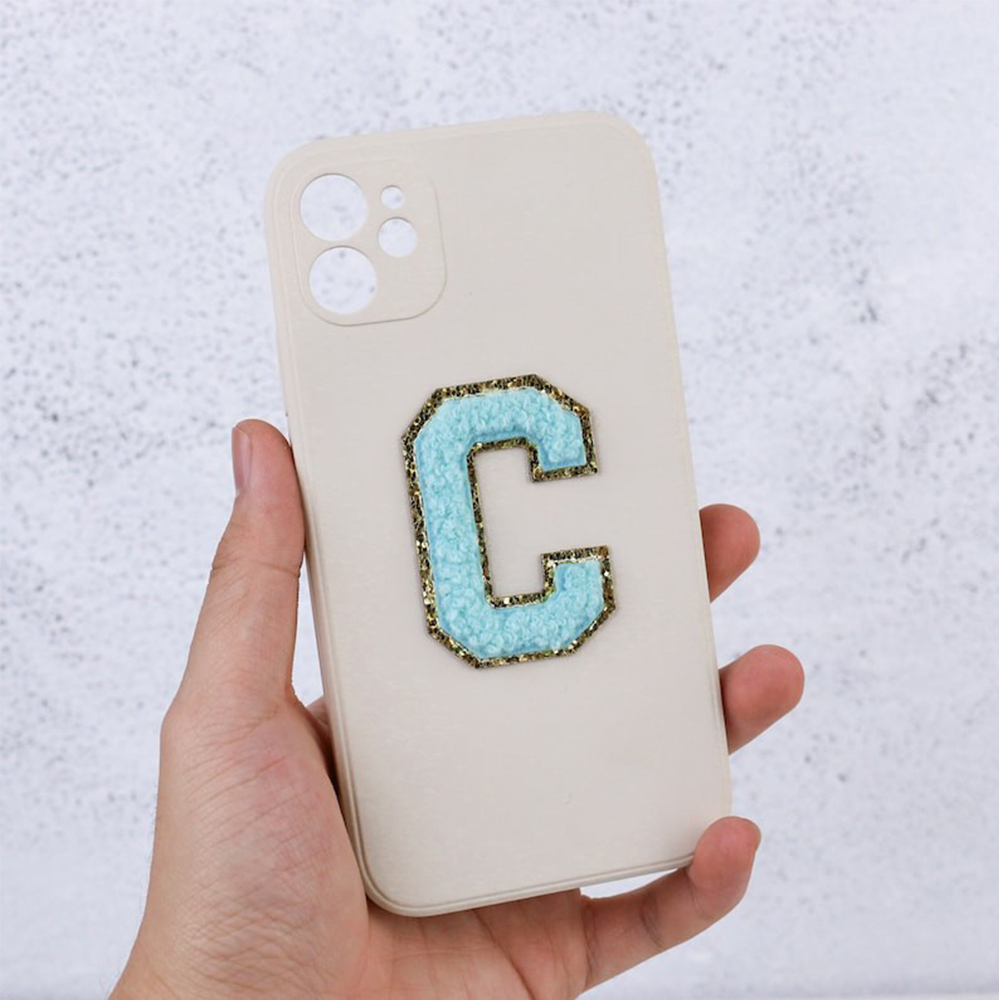 Personalised Phone Cover Case with Chenille Glitter Varsity Initial Patch | OLS001