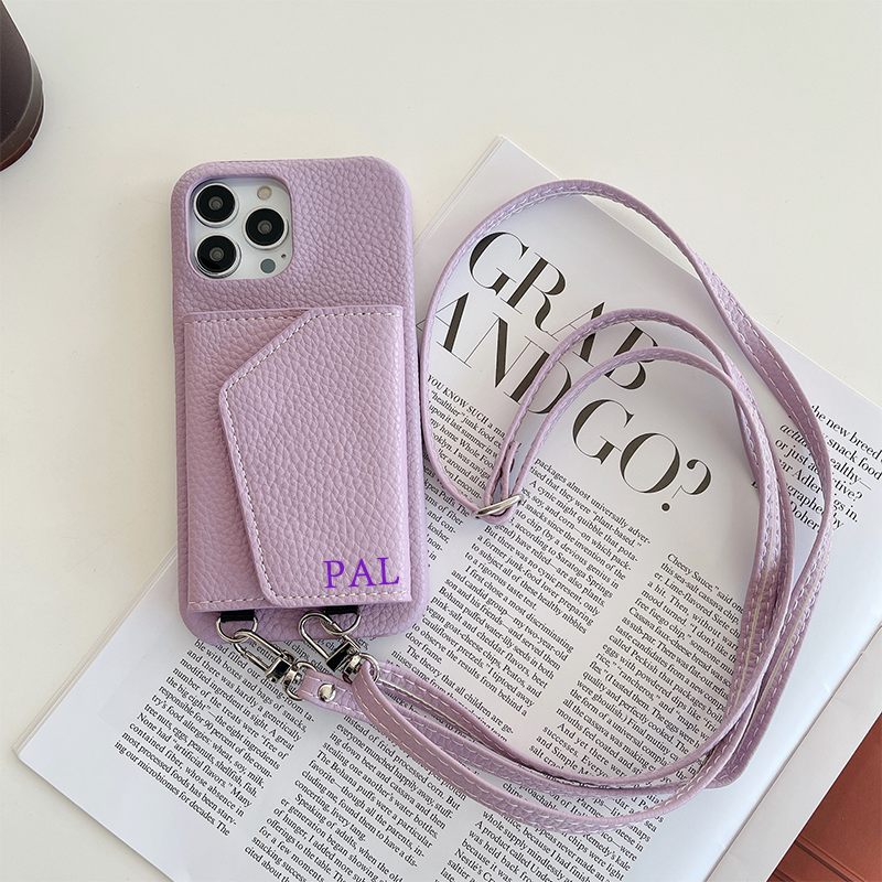 Personalized Leather Phone Case with Card slot and Long Strap | OFCase043