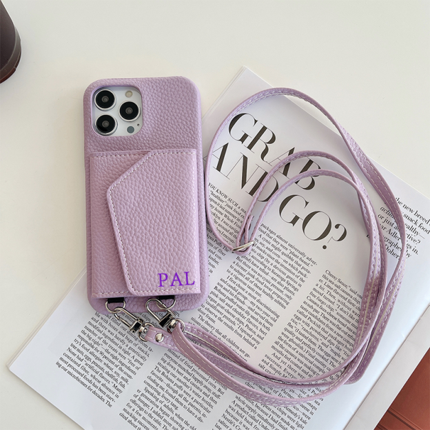 Personalized Leather Phone Case with Card slot and Long Strap | OFCase043