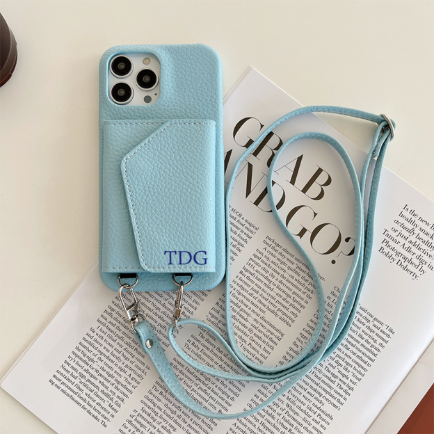 Personalized Leather Phone Case with Card slot and Long Strap | OFCase043
