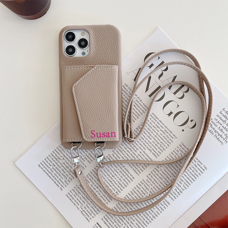 Personalized Leather Phone Case with Card slot and Long Strap | OFCase043