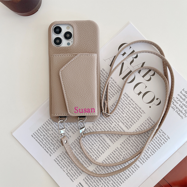 Personalized Leather Phone Case with Card slot and Long Strap | OFCase043