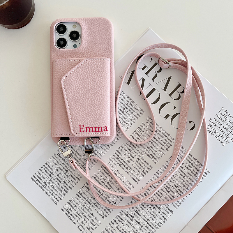 Personalized Leather Phone Case with Card slot and Long Strap | OFCase043