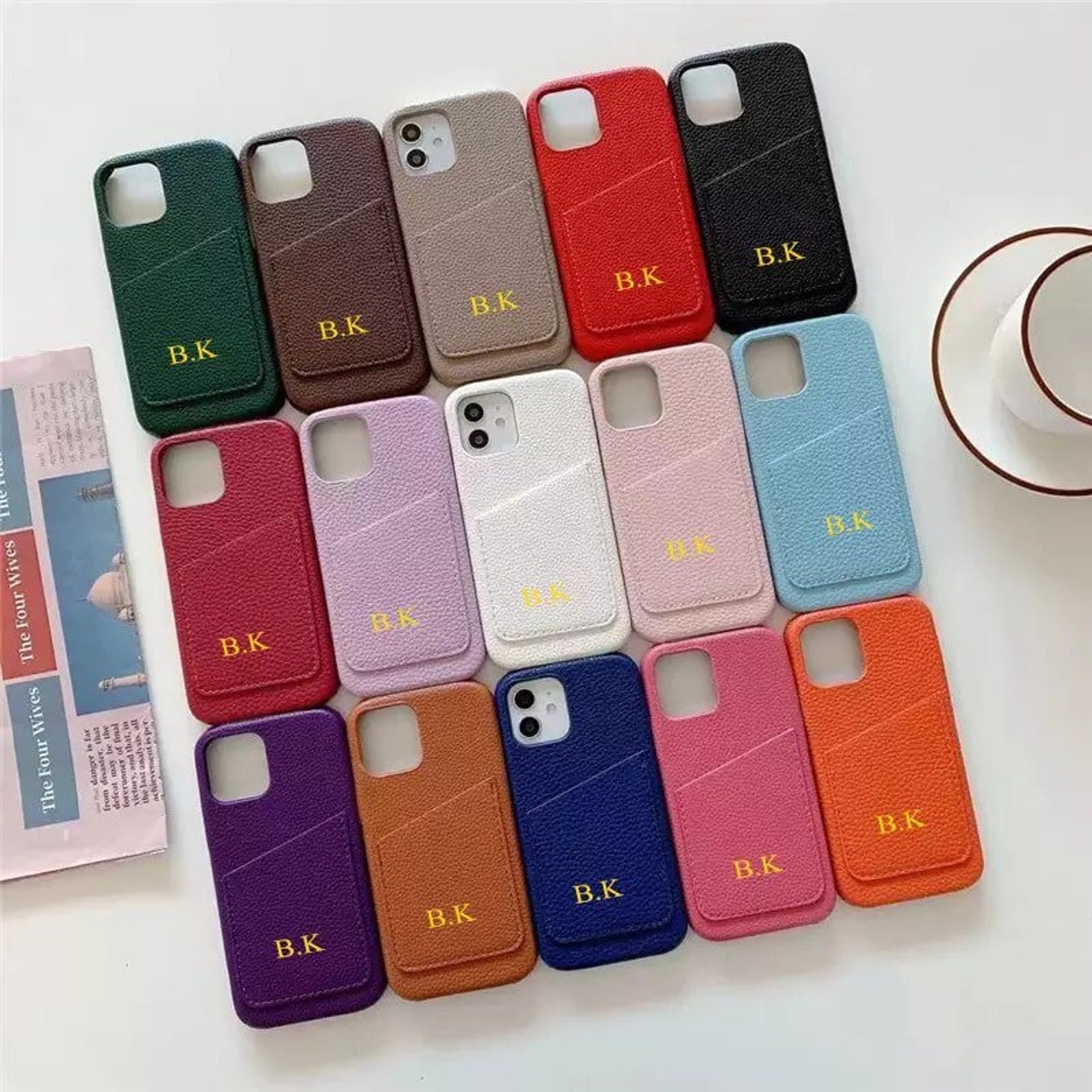 Personalised Monogram Initials Luxury Leather Phone Case with Card Pocket | OFCase088
