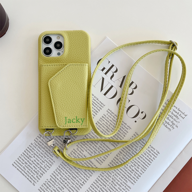 Personalized Leather Phone Case with Card slot and Long Strap | OFCase043