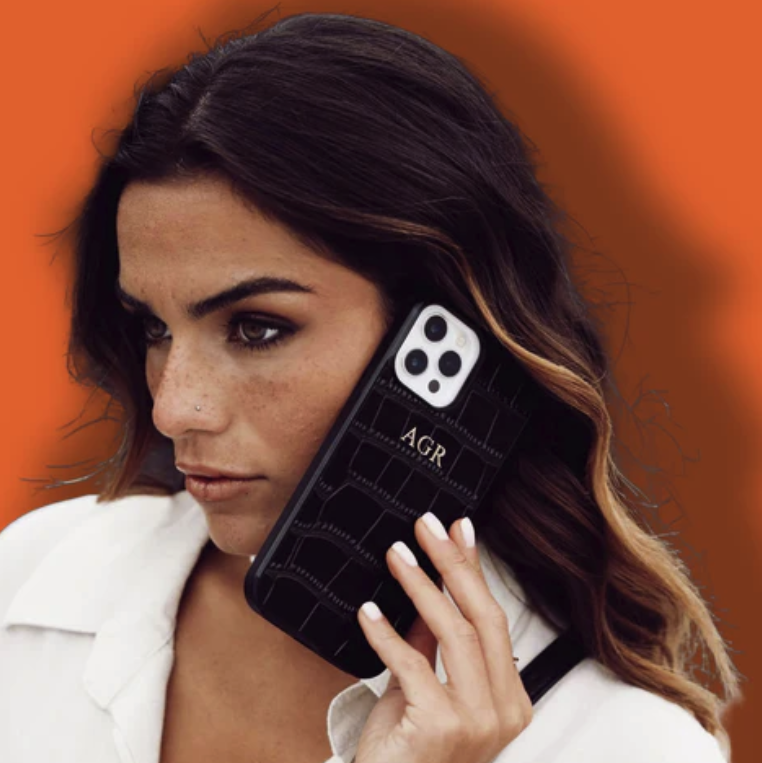 Personalized Black Croc Leather Phone Case | OFCase85