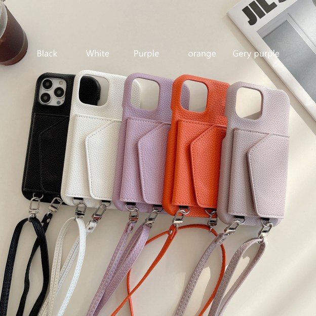 Personalized Leather Phone Case with Card slot and Long Strap | OFCase043