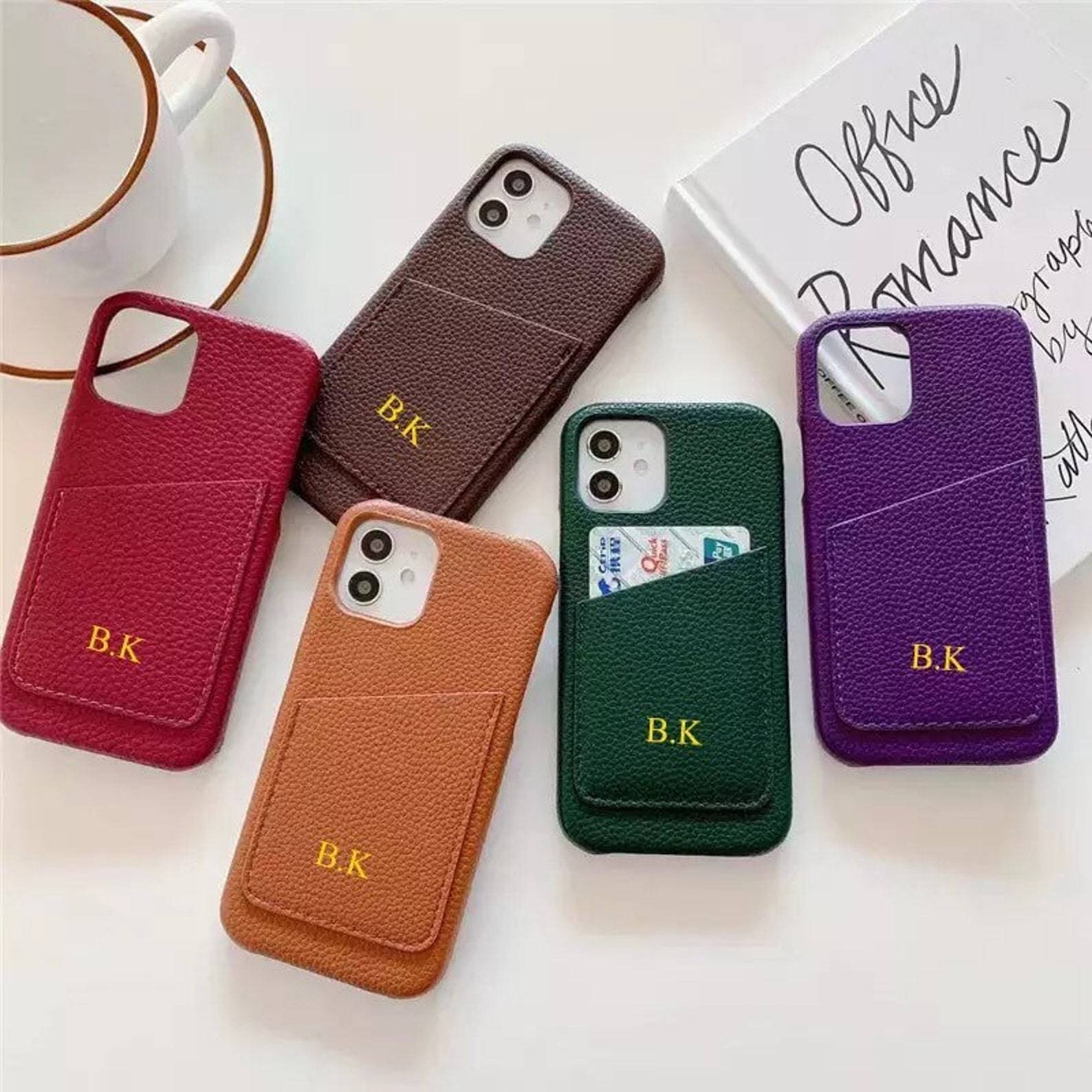 Personalised Monogram Initials Luxury Leather Phone Case with Card Pocket | OFCase088