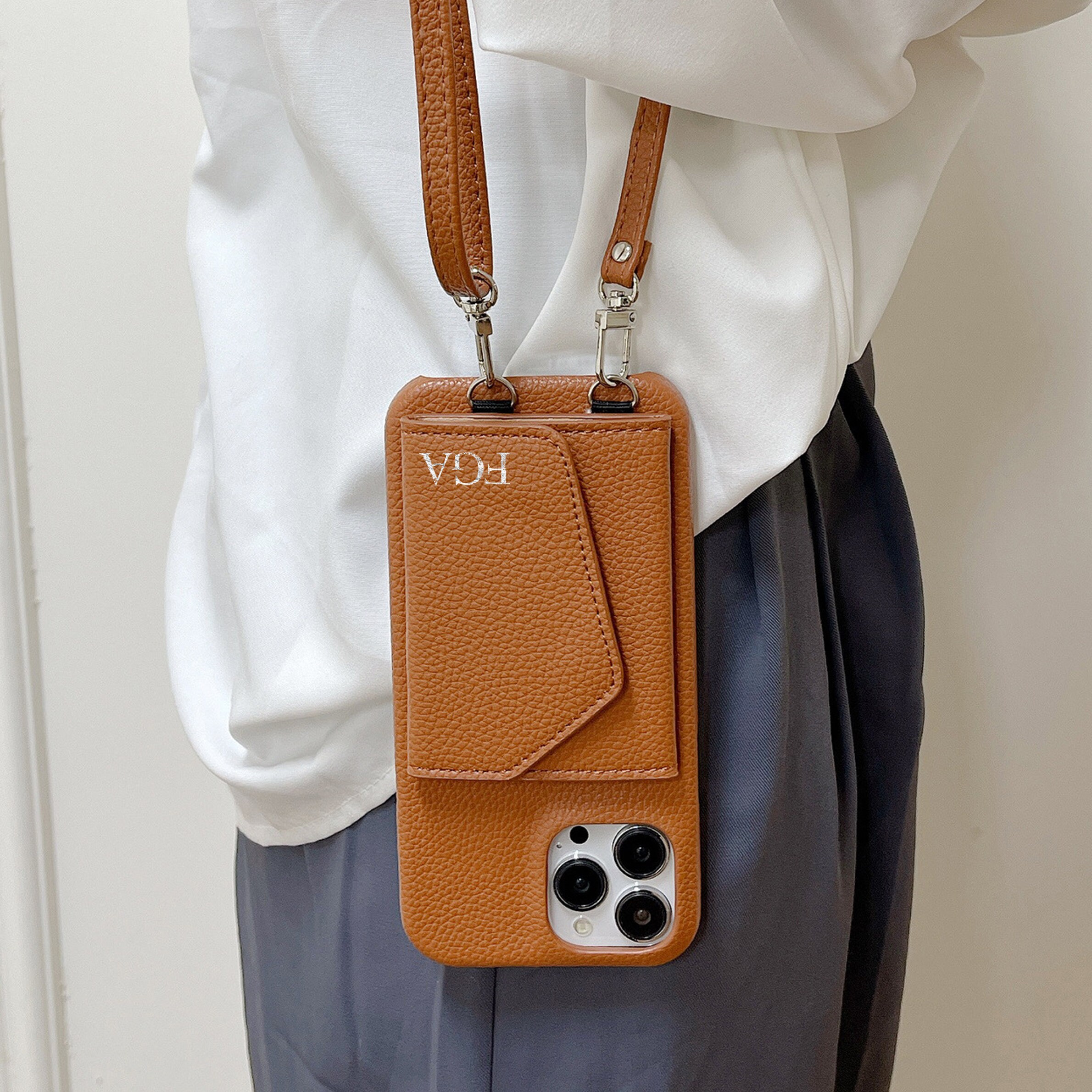 Monogram Leather Shoulder Strap Phone Case