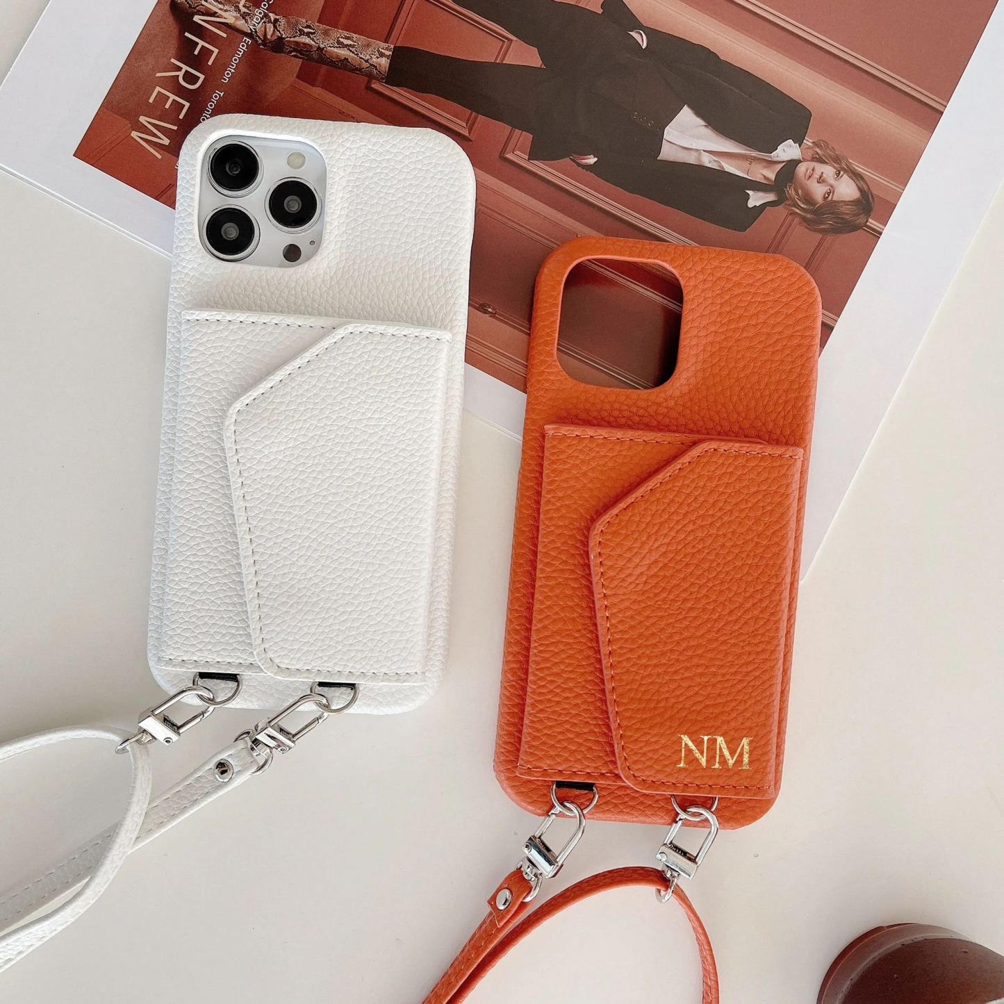 Personalized Leather Phone Case with Card slot and Long Strap | OFCase043