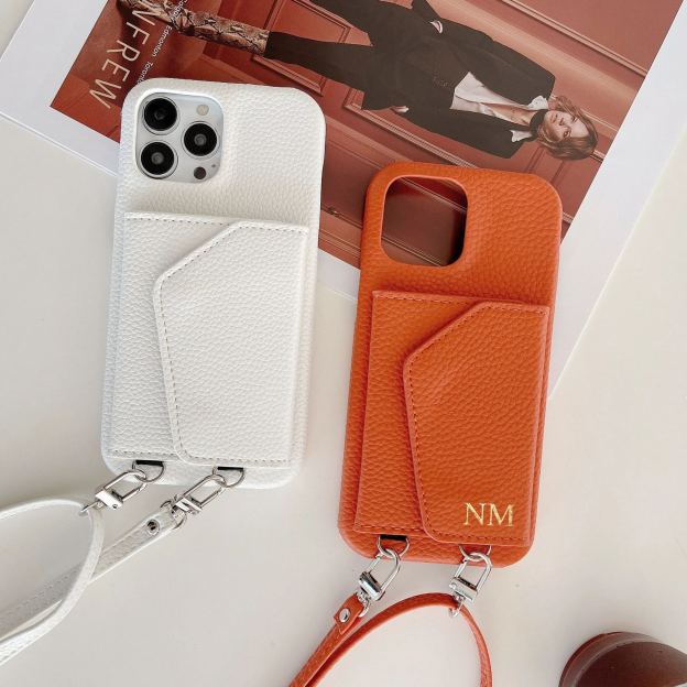 Personalized Leather Phone Case with Card slot and Long Strap | OFCase043