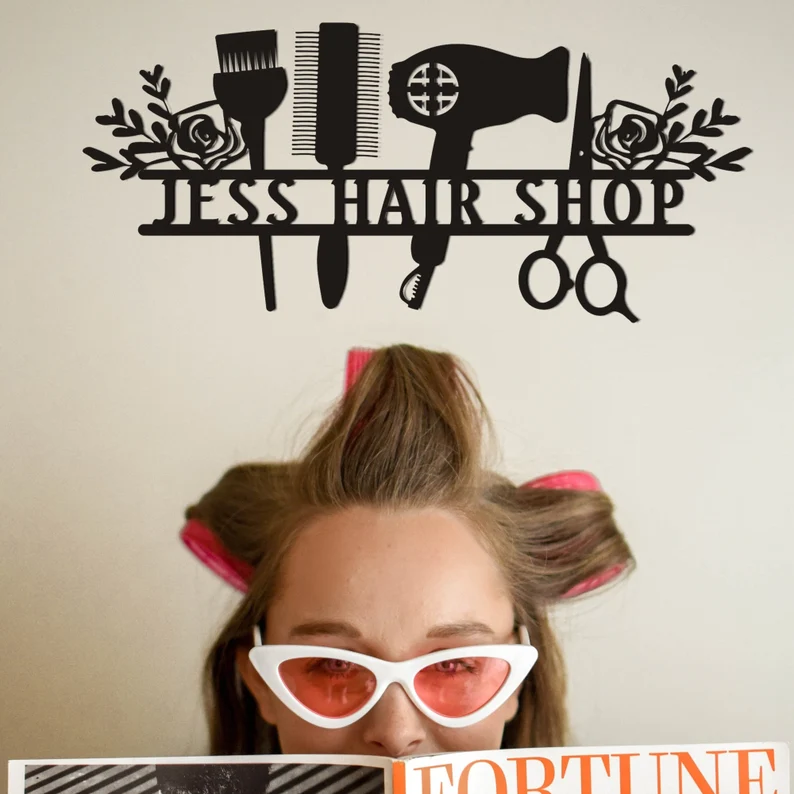 Custom Hair Salon Metal Wall Art, Personalized Hair Stylist Name Logo 【Buy 2 Free Shipping】