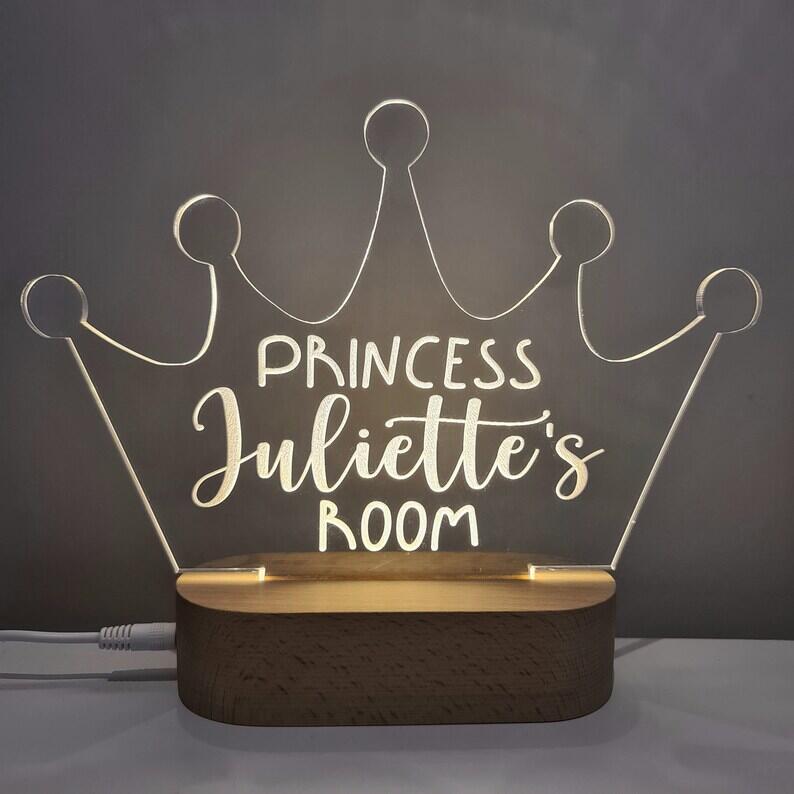Personalised Name Children's Night Light Princess Crown
