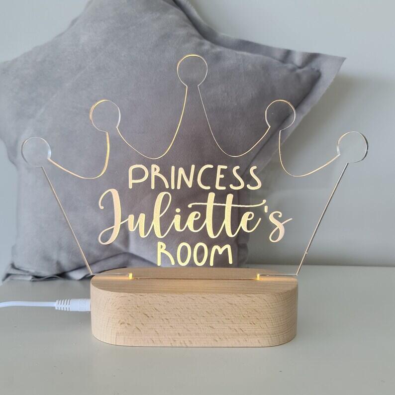 Personalised Name Children's Night Light Princess Crown