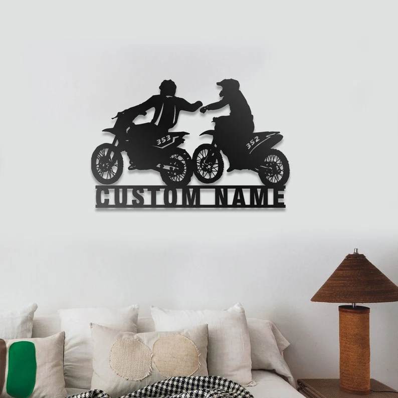 Custom Couple Biker Metal Wall Art -Personalized Dirt Bike Name Sign Decoration, Motorcycle Home Decor Motocross Rider