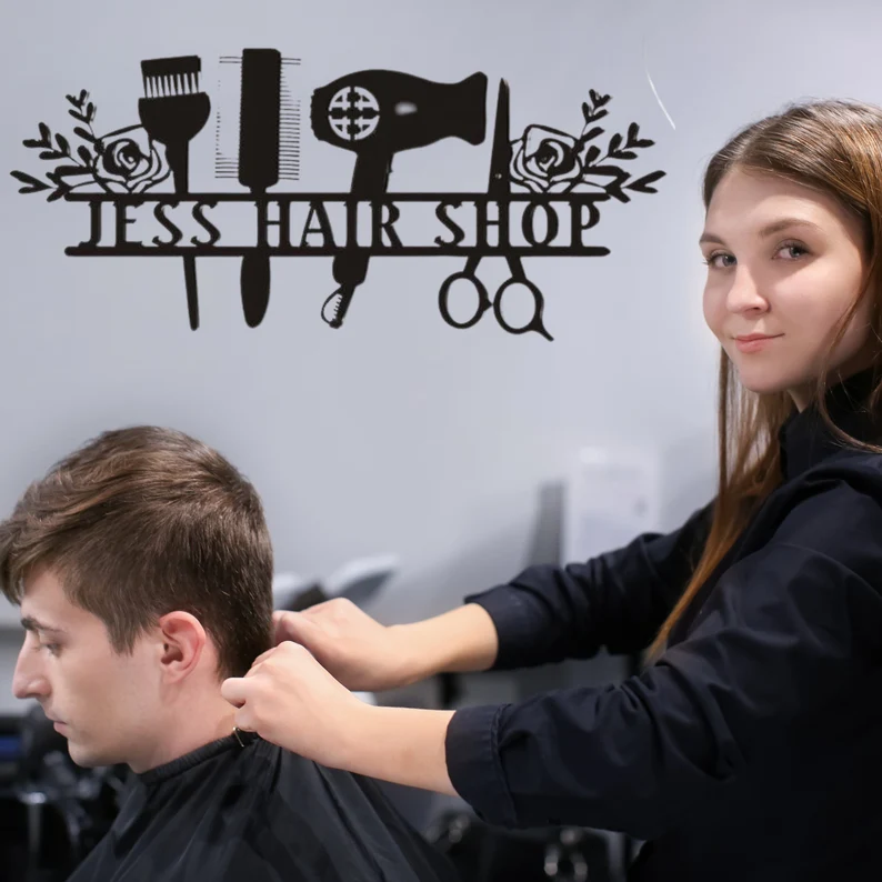 Custom Hair Salon Metal Wall Art, Personalized Hair Stylist Name Logo 【Buy 2 Free Shipping】