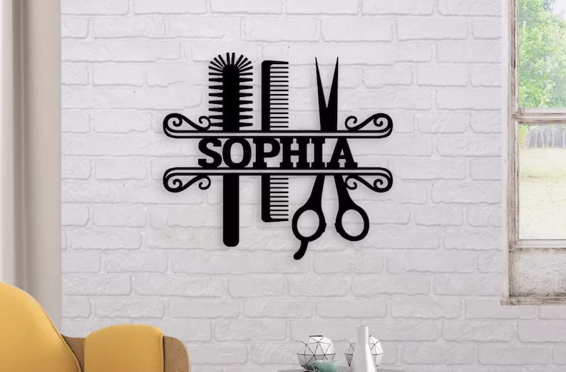 Custom Hair Salon Metal Wall Art, Personalized Hair Stylist Name Logo 【Buy 2 Free Shipping】