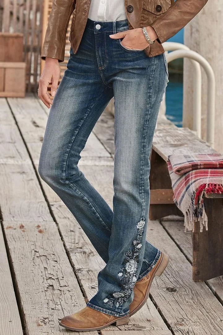 Last Day 49% OFFFloral Hand Embroidery Mid Waist Bootcut Jeans