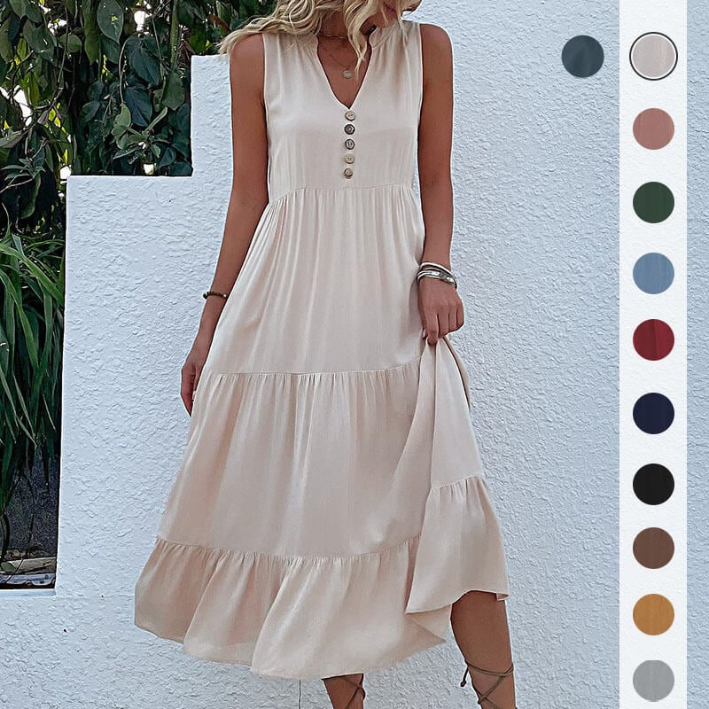 2023 New Button Detail Layered Hem Smock Dress